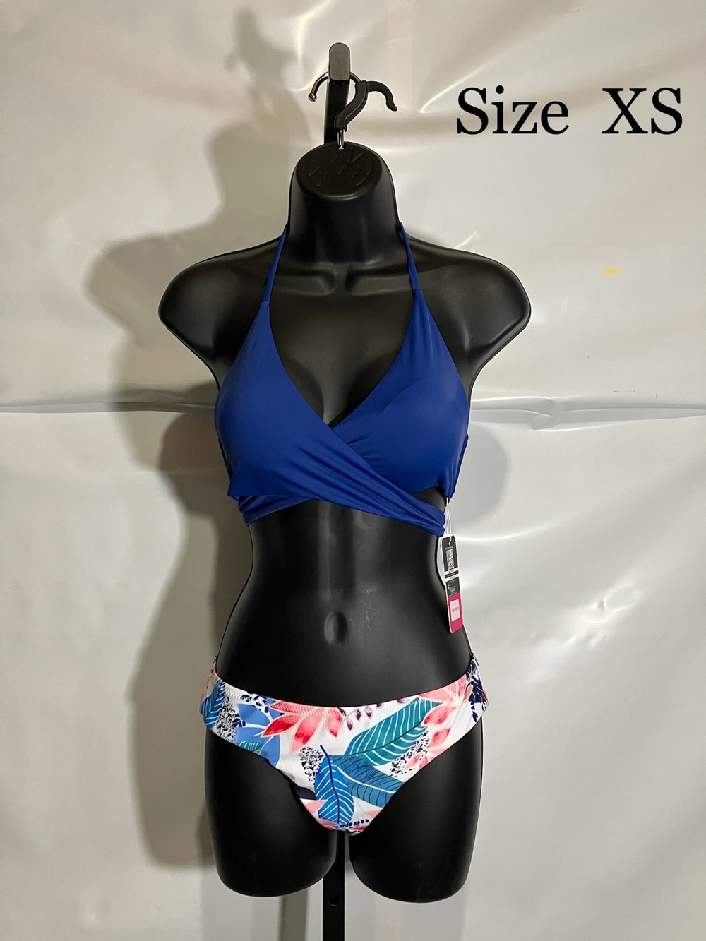 Women's Royal Blue Wrap Halter Bikini Top with Tropical Print Bottom